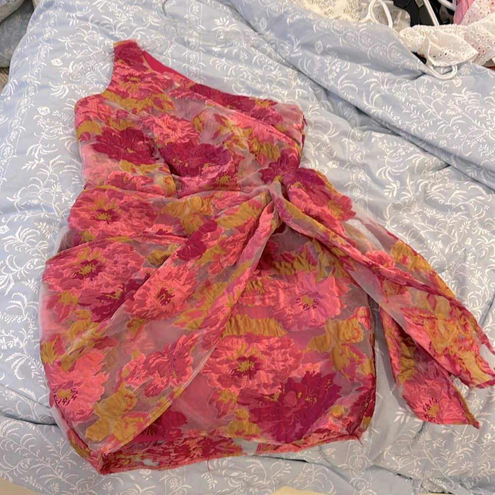 magenta pink floral one shoulder dress